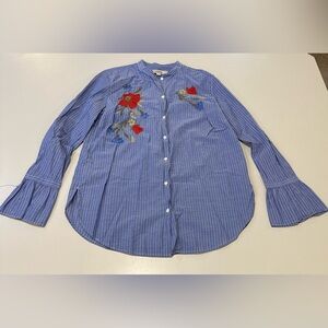 Loft Blue Striped Blouse with Floral Embroidery Size Small